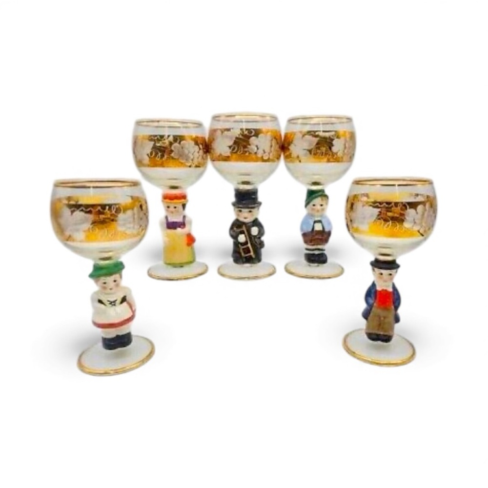 Set of 5 Vintage Goebel Hummel Figurine Cordial Wine Glasses 14k Gold Gilding